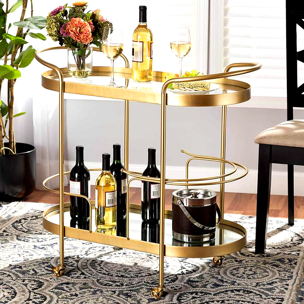Vintage-Inspired Gold Bar Cart with Dual Shelves & Wine Holder